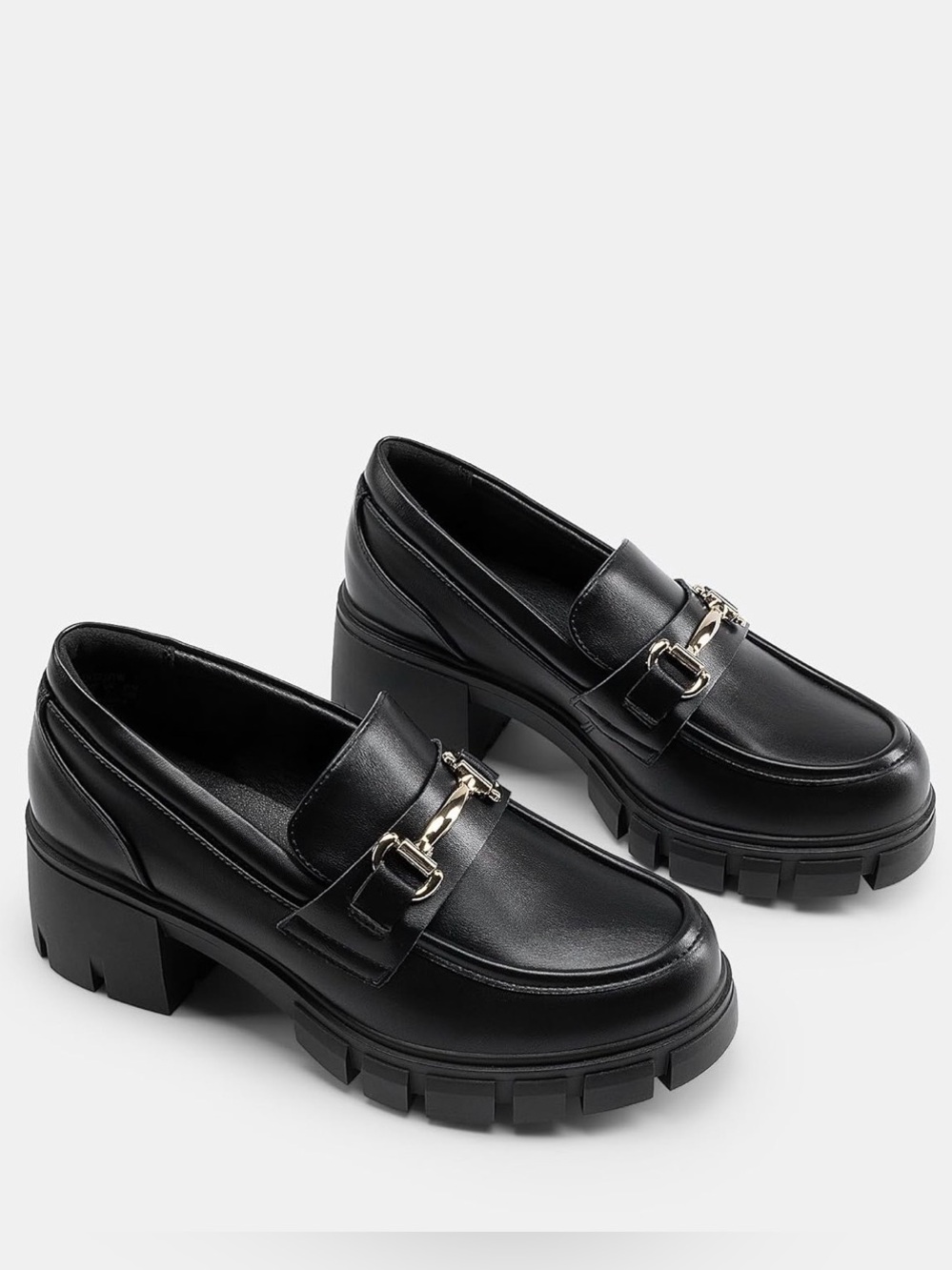 Dream Pairs Black Lug‑Sole Loafers with Gold Buckle
